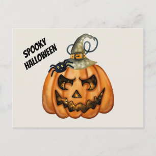 Scary Spooky Halloween Pumpkin with Spider Postcard