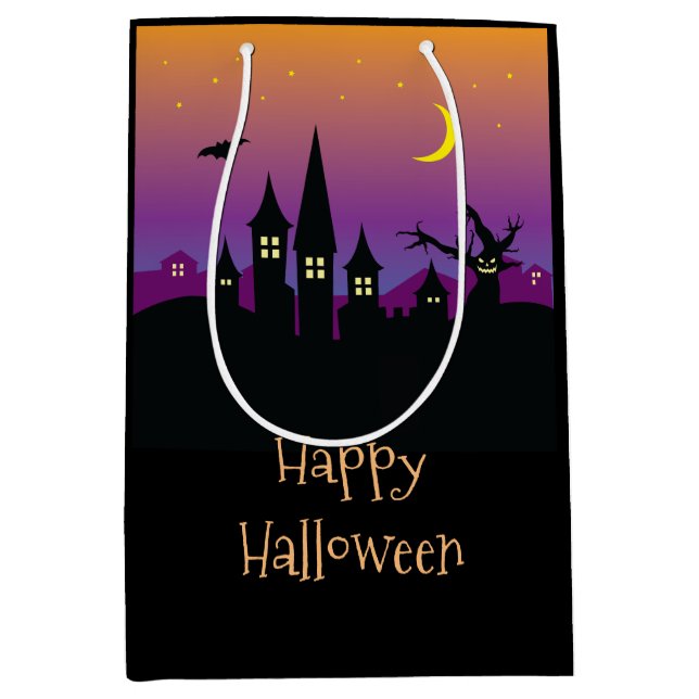Scary Spooky Haunted House Orange Halloween Party Medium Gift Bag (Front)