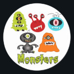 Scary Spooky Monsters Aliens Creatures Classic Round Sticker<br><div class="desc">So cute are these Littlebeane Monsters...  here are the names of the little guys...   Borman ( blue),  Moony ( red),  Boogalei (Green),  Spooker ( Grey),  Gorlug (orange)... All graphics are hand drawn by me! i hope you enjoy them!!</div>