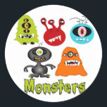 Scary Spooky Monsters Aliens Creatures Classic Round Sticker<br><div class="desc">So cute are these Littlebeane Monsters...  here are the names of the little guys...   Borman ( blue),  Moony ( red),  Boogalei (Green),  Spooker ( Grey),  Gorlug (orange)... All graphics are hand drawn by me! i hope you enjoy them!!</div>