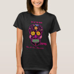 Scary Sugar Skull A5 T-Shirt<br><div class="desc">This fun & festive Party t shirt features a purple skull with red and yellow flowers around the eye's. It has colourful flowers around the head. And has greenish teeth. With pink flowers on his cheeks. With a creepy pink nose. This is from the Day of the Dead also know...</div>
