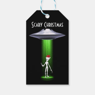 Scary UFO Christmas Alien White Green Beam Gift Tags
