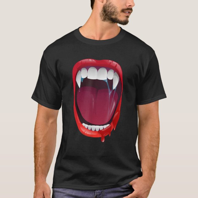 Scary Vampire Fangs Lips Teeth Blood Dracula Hallo T-Shirt (Front)