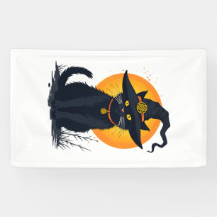 Scary Vintage Black Cat with Witch Hat Full Moon - Banner