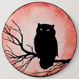 Scary Vintage Owl with Blood Red Watercolor Moon 6 Cm Round Badge