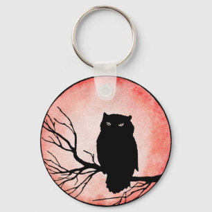Scary Vintage Owl with Blood Red Watercolor Moon Key Ring