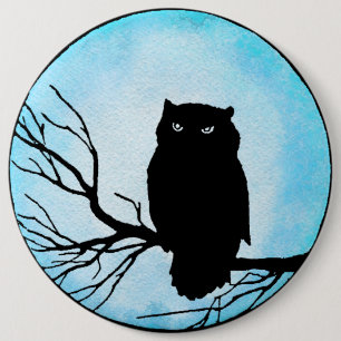 Scary Vintage Owl with Silver Blue Watercolor Moon 6 Cm Round Badge