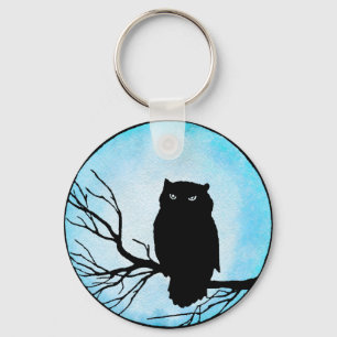 Scary Vintage Owl with Silver Blue Watercolor Moon Key Ring