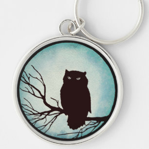 Scary Vintage Owl with Spooky Blue Watercolor Moon Key Ring