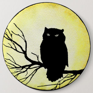 Scary Vintage Owl with Yellow Watercolor Moon 6 Cm Round Badge