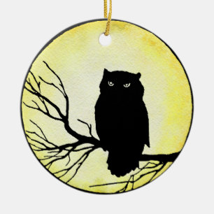 Scary Vintage Owl with Yellow Watercolor Moon Ceramic Tree Decoration