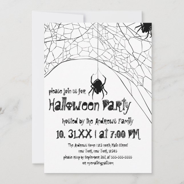 Scary White Black Spider and Web Halloween Invitation (Front)