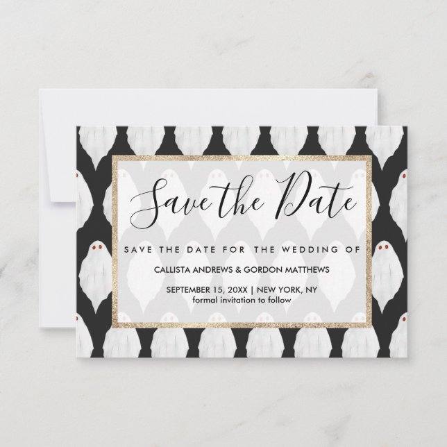 Scary White Halloween Ghosts Watercolor Pattern Save The Date (Front)