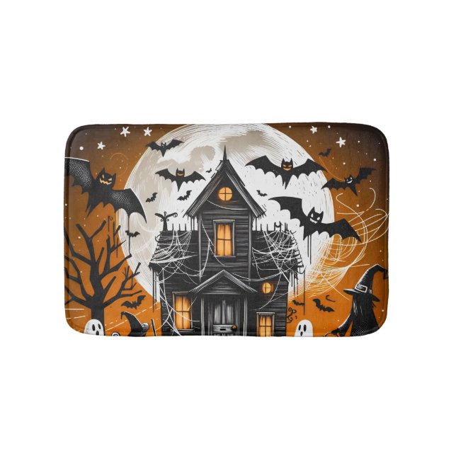Scary White with Black Spiders Halloween Pumpkin Bath Mat (Front)