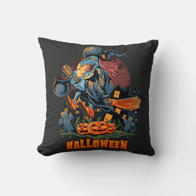 Scary Witch On a Broom   Cushion (Front)