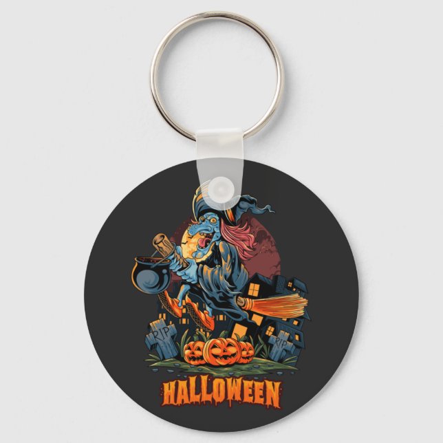 Scary Witch On a Broom   Key Ring (Front)