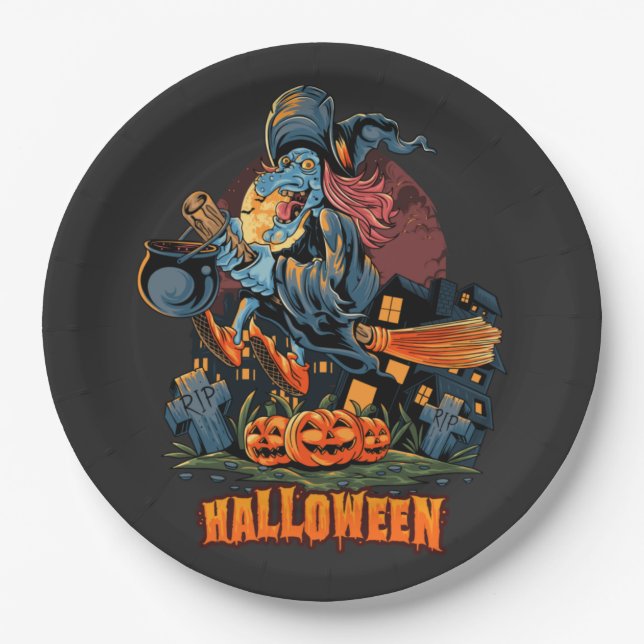 Scary Witch On a Broom  Paper Plate (Front)