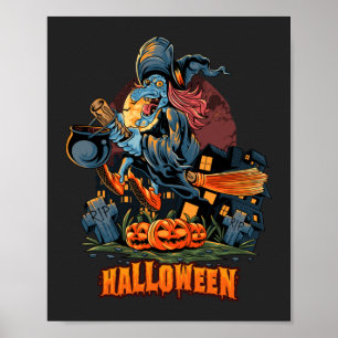 Scary Witch On a Broom  Poster 