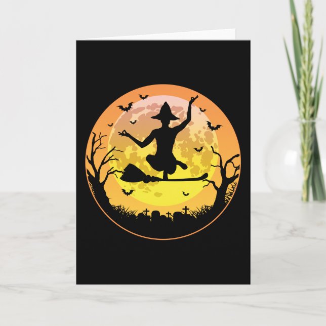 Scary Yoga Witch Creepy Moon Halloween Gifts Card (Front)