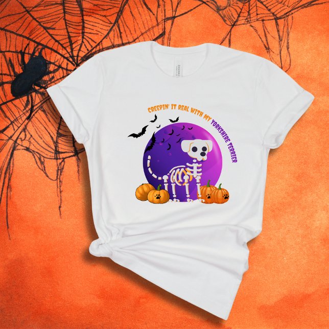 Scary Yorkshire Terrier Halloween Full Moon TShirt (Spooky Halloween t-shirt with a dog skeleton, full moon, pumpkins, bats, and your favorite dog breed)