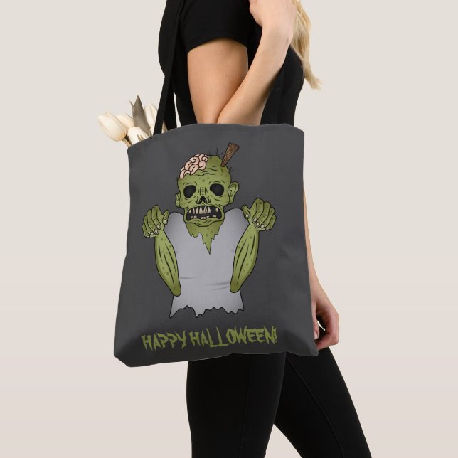 Scary Zombie Cartoon & Happy Halloween Text Tote Bag (Close Up)