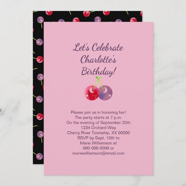 Scattered Cherries Watercolor Birthday Invitation (Front/Back)