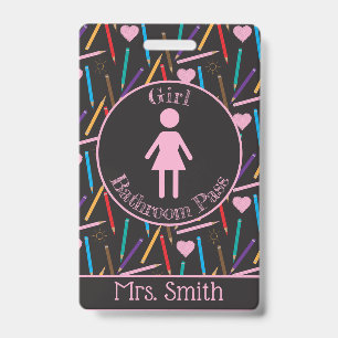 Scattered Colour Pencils Girl Bathroom Pass Badge ID Badge