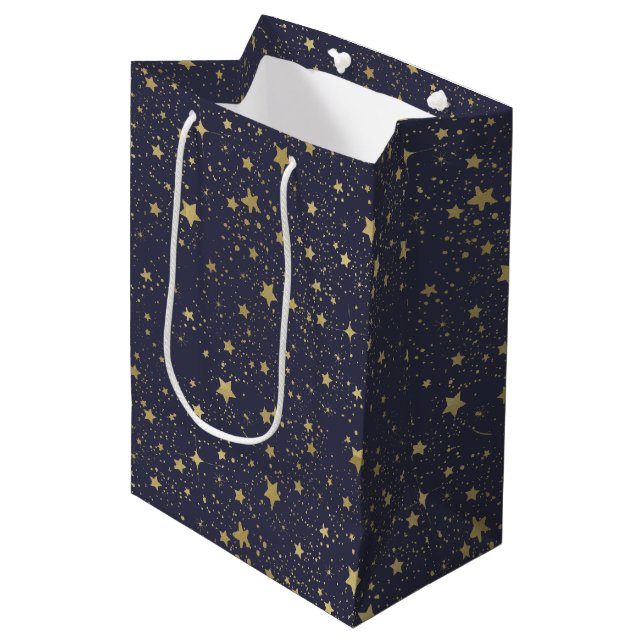 Scattered Gold Navy Blue Stars Medium Gift Bag (Front Angled)
