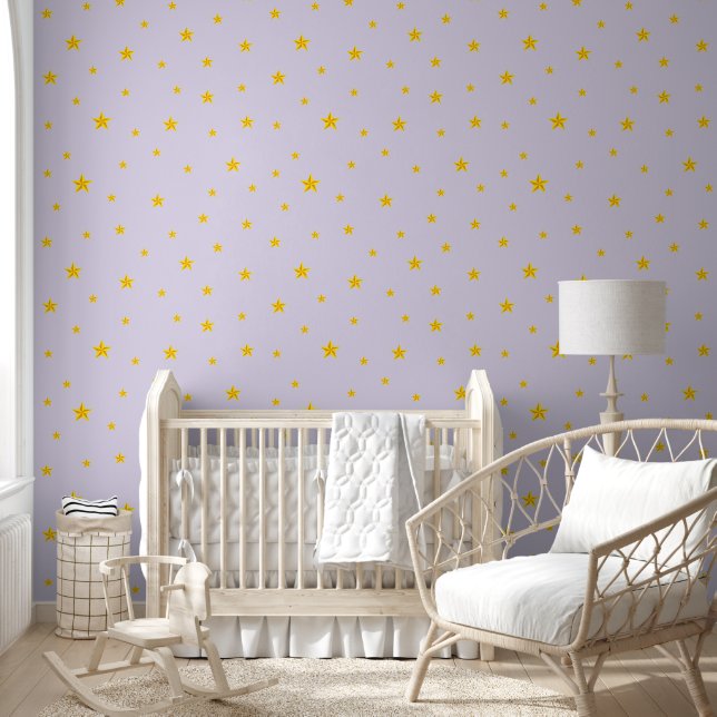 Scattered Golden Yellow Stars on Light Lilac Wallpaper (Kids)