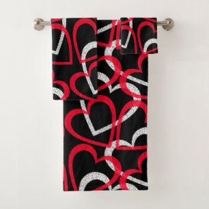 Scattered Interlocking Red & White Hearts on Black Bath Towel Set