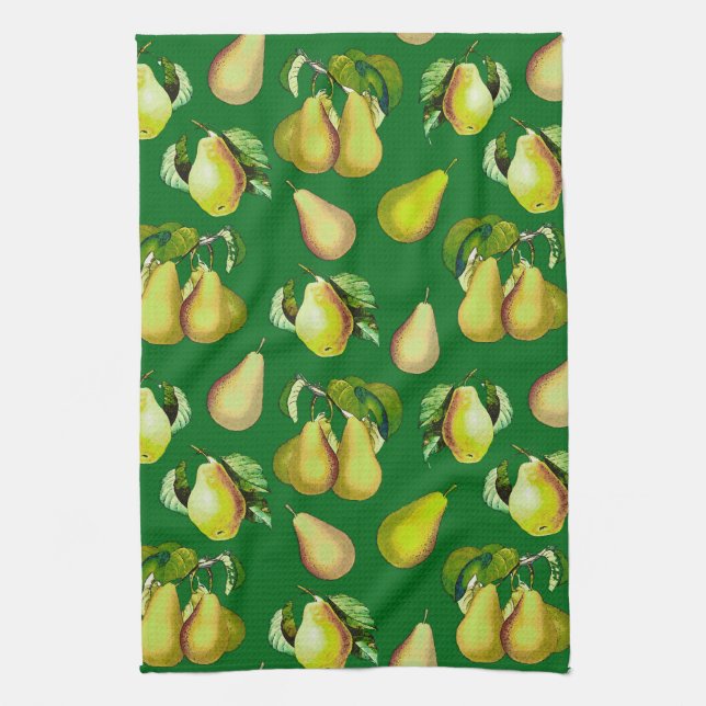 Scattered Pear Print on Emerald Green Tea Towel (Vertical)