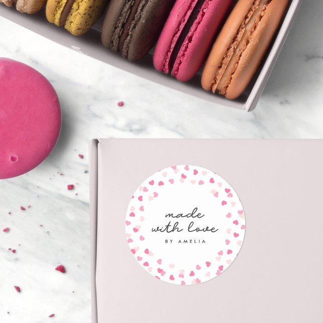 Scattered Pink Hearts Confetti Made With Love Classic Round Sticker (Creator Uploaded)