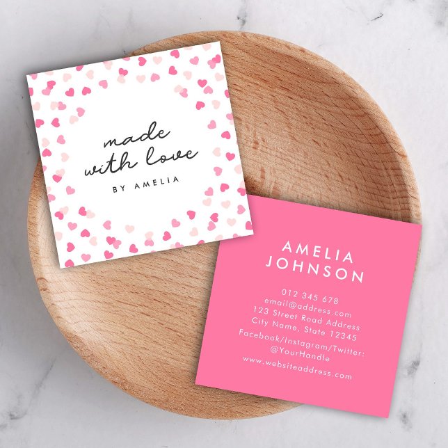 Scattered Pink Hearts Confetti Made With Love Square Business Card (Creator Uploaded)