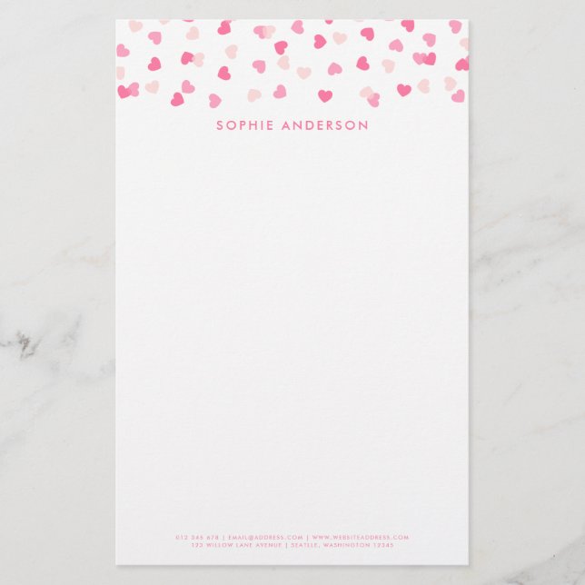 Scattered Pink Hearts Confetti Stationery (Front)