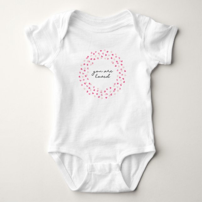 Scattered Pink Hearts Confetti You are Loved Baby Bodysuit (Front)
