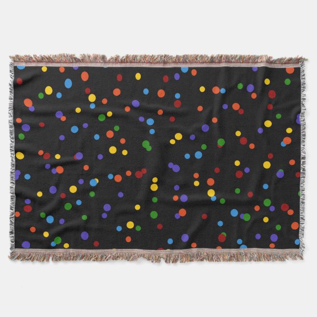 Scattered Rainbow Dots Pattern on Black Background Throw Blanket (Front)
