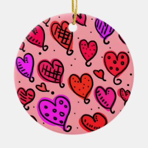 Scattered Red and Pink Hearts Scribble Pattern Ceramic Tree Decoration