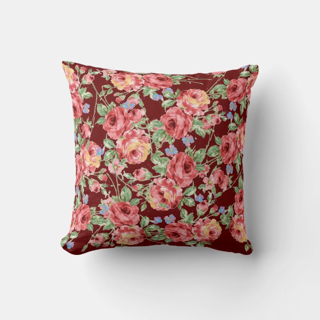 Scattered Roses Throw Pillow on Burgundy Field (Front)