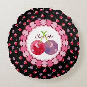 Scattered Watercolor Cherries Personalised Round Cushion