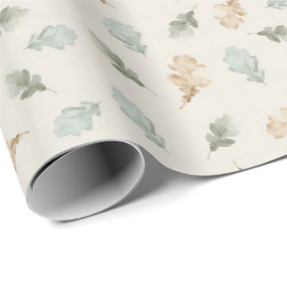 Scattered Watercolor Oak Leaves in Sage and Ocher Wrapping Paper