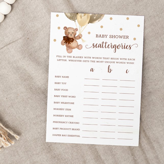 Scattergories Game Baby Shower Teddy Bear Card (Creator Uploaded)