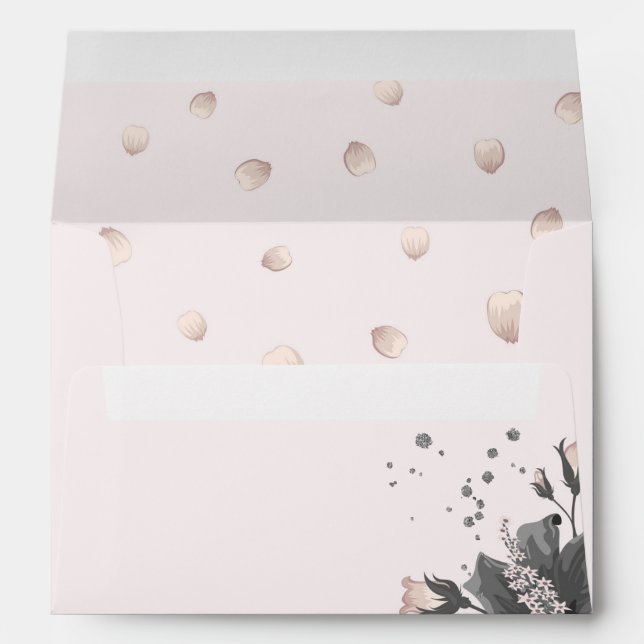 scattering pink petals dark grey flower wedding envelope (Back (Bottom))