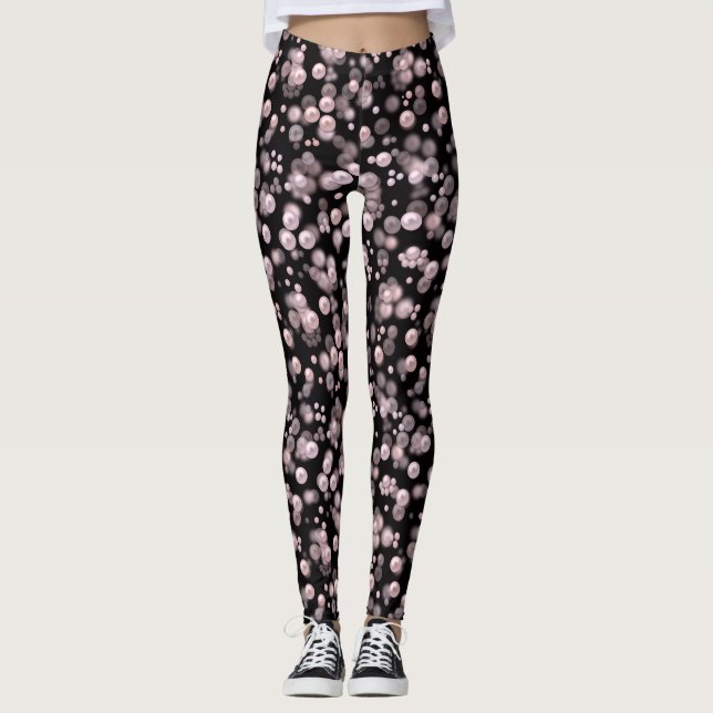 Scatterings of pink and white pearls on black velv leggings (Front)