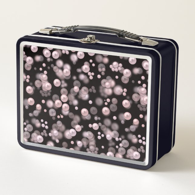 Scatterings of pink and white pearls on black velv metal lunch box (Front)