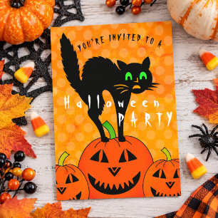Scaty Black Cat Orange Pumpkins Halloween Party Invitation Postcard