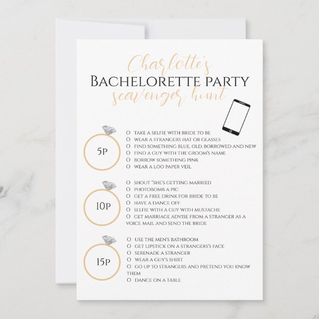 Scavenger Hunt Bachelorette Party Gold Photo Game Card (Front)