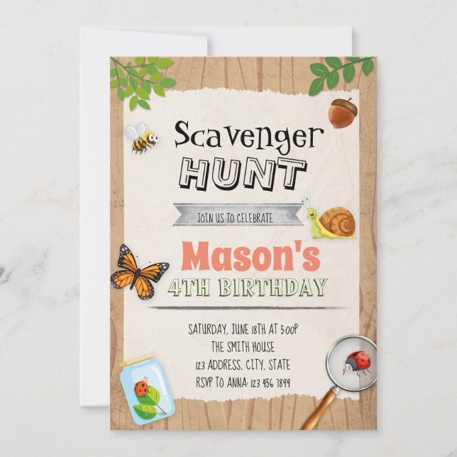 Scavenger hunt birthday party invitation (Front)