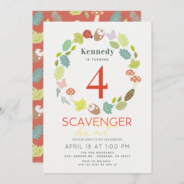 Scavenger Hunt Nature Trail Red Birthday Invitation (Front/Back)