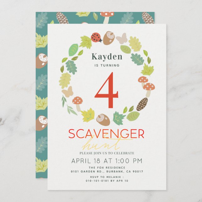 Scavenger Hunt Nature Trail Teal Birthday Invitation (Front/Back)