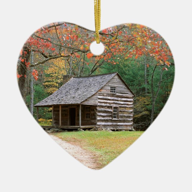 Scene Historic Log Cabin In Smoky Ceramic Tree Decoration (Front)